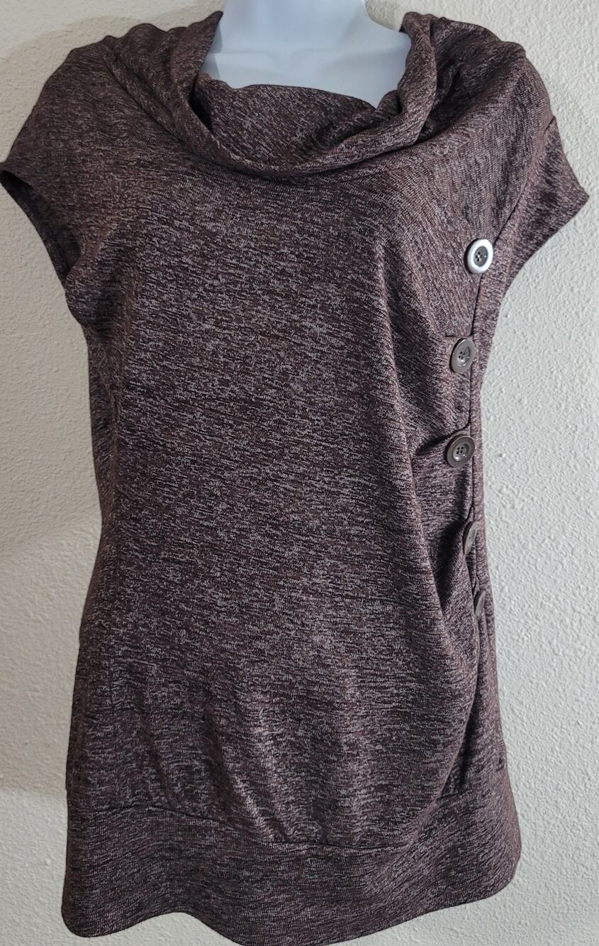 HeartSoul Brown Heathered Cowl Neck Top Large Capped Sleeves Decorative Buttons